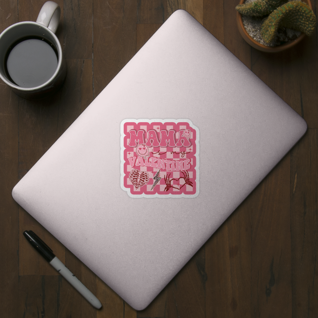 Mama Is My Valentine Pink Skeleton Heart Checkered Background by JDVNart